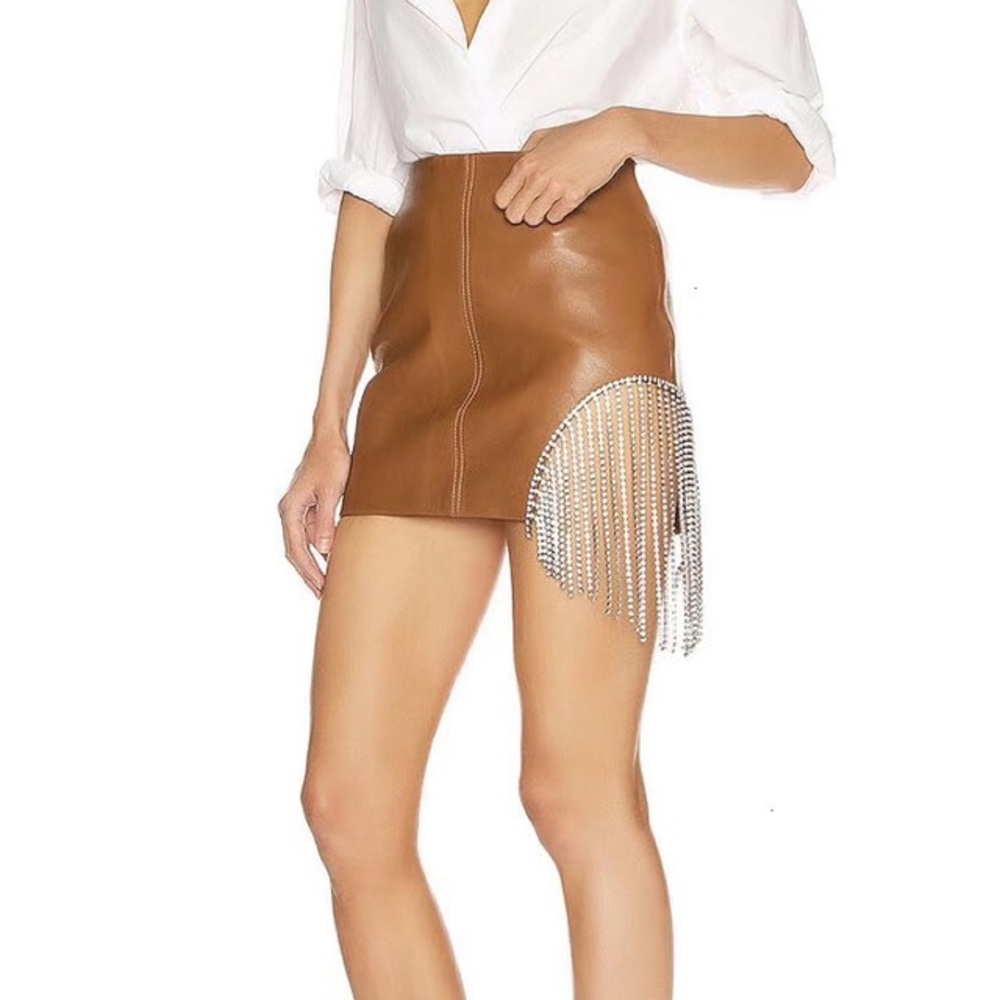 Tan leather crystal tassel skirt